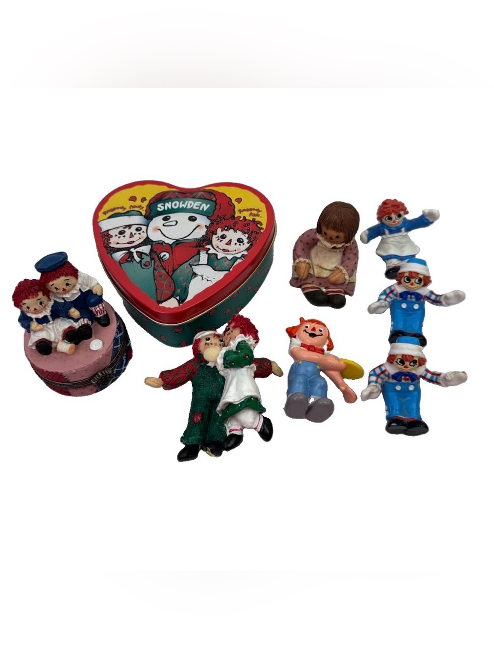 Vintage Raggedy Ann & Andy Lot Figurines Trinket Box Tin Snowden Collectibles